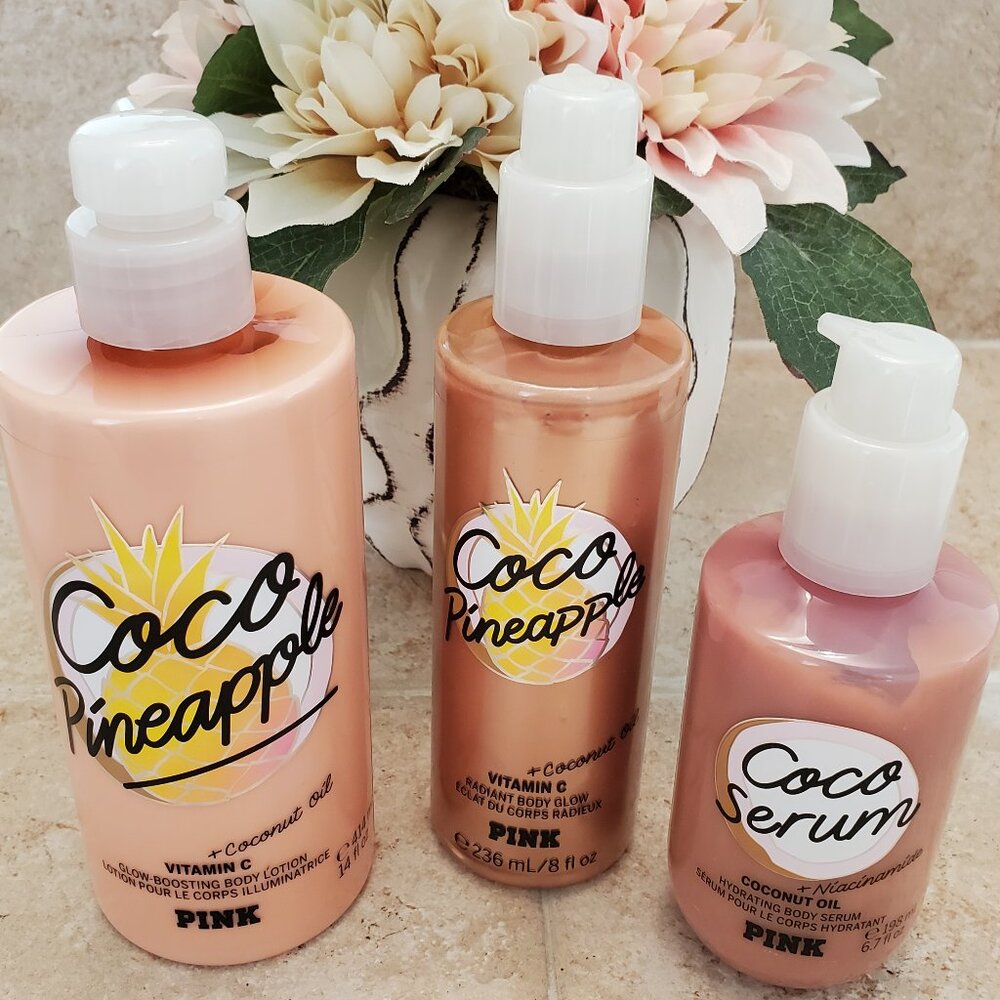 NEW Victoria's Secret Pink Coco Pineapple Lotion, Body Glow & Hydrating Serum